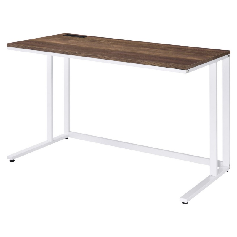 Benjara Writing Desk with Wooden Top and Built-In USB Port, Brown and White