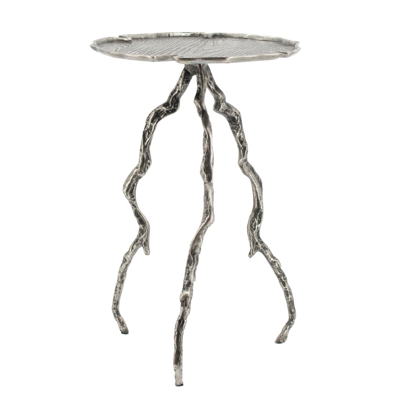24 Inch Accent Table, Aluminum Metal Branch Tripod Legs, Antique Silver