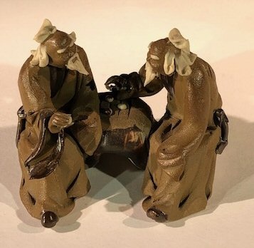 Ceramic Figurine Two Mud Men Sitting On A Bench Playing Chess - 2.5"