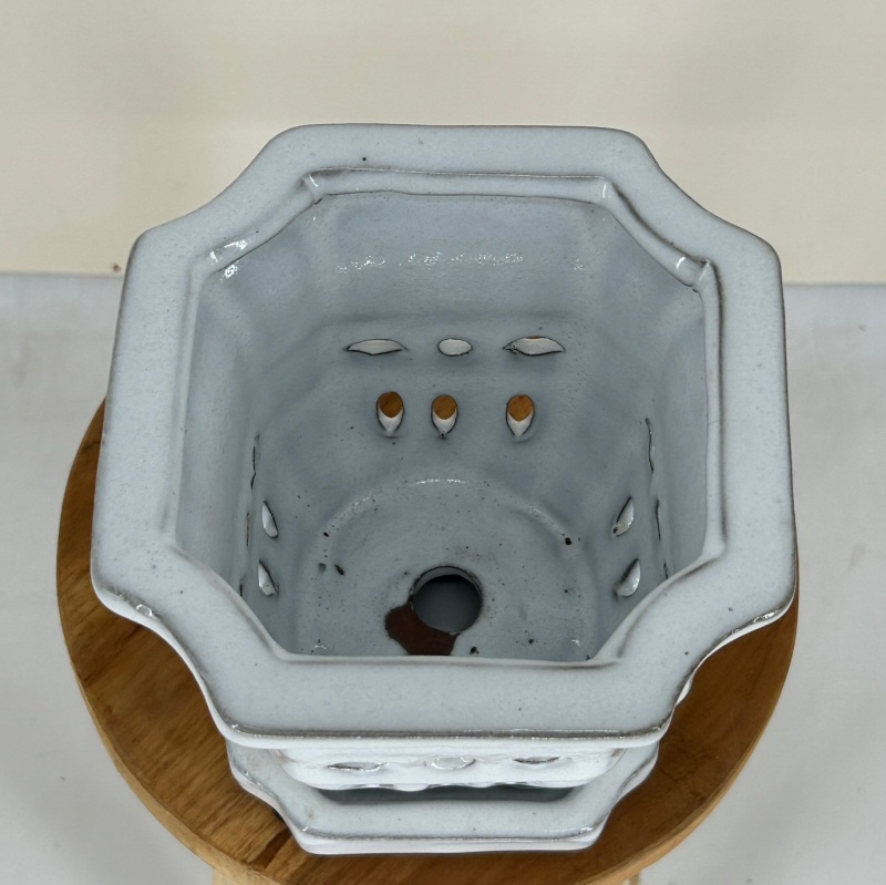 White Ceramic Orchid Pot Square With Indented Corners With Attached Humidity Drip Tray 5.5" X 5.5" X 5.25" Tall
