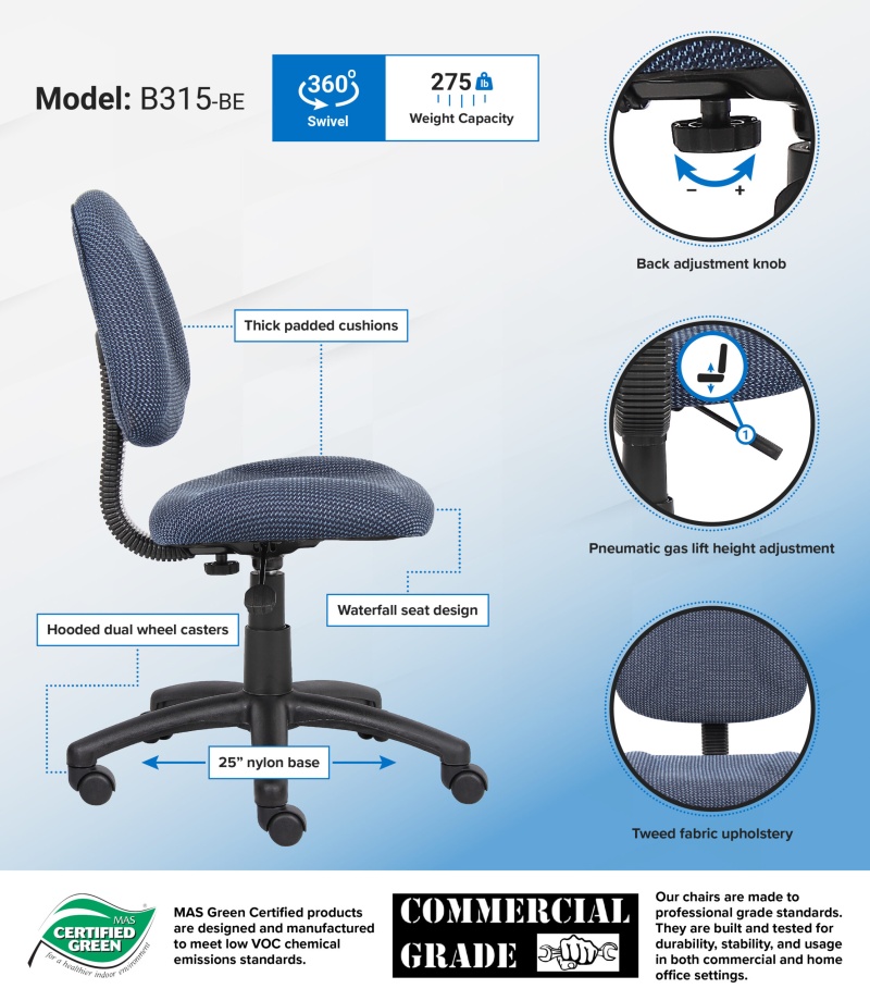 Boss Perfect Posture Deluxe Office Task Chair Without Arms, Blue