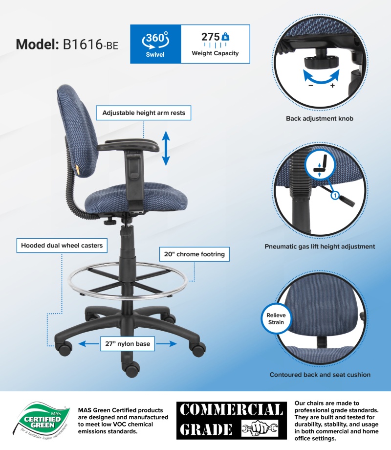 Boss Ergonomic Works Adjustable Drafting Chair With Adjustable Arms And Removable Foot Rest, Blue