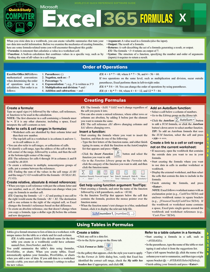 Quickstudy | Excel 365: Formulas Laminated Reference Guide