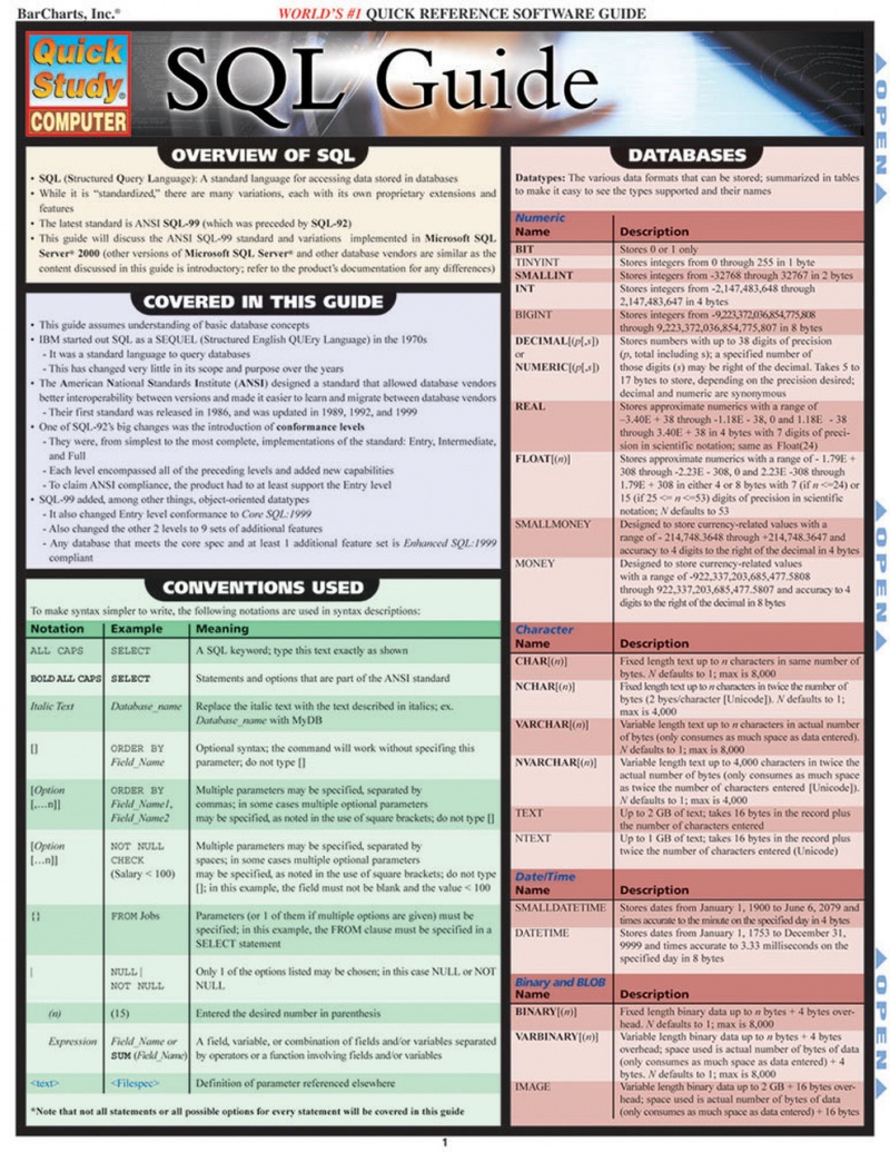 Quickstudy | Sql Guide Laminated Reference Guide