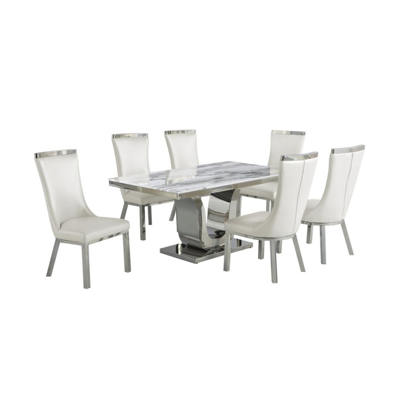 7Pc Dining Set- Recatngle Marble Table With A U Shape Base And 6 Side Chairs In White Faux Leather