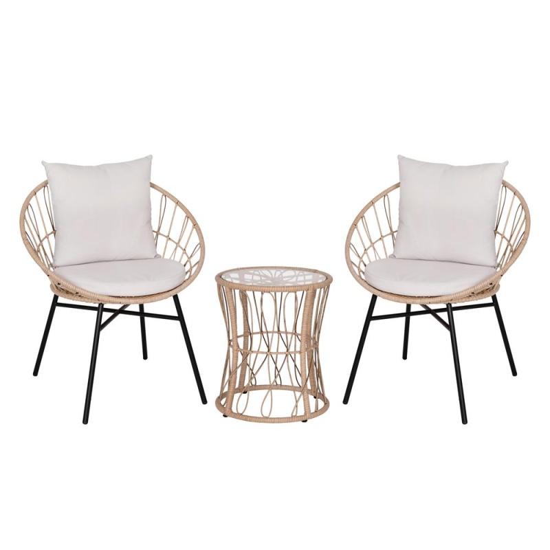 3-Piece Bistro Set, Rope Chairs, Glass Top Side Table, Light Gray Cushions