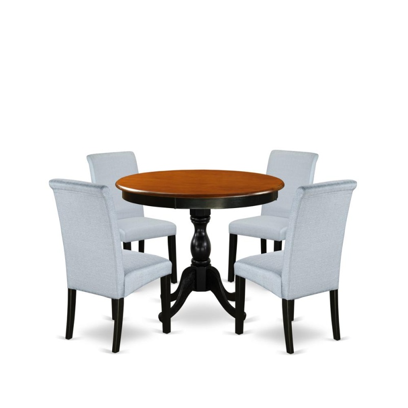 East West Furniture 5-Piece Dining Room Table Set Includes A Dinette Table And 4 Grey Linen Fabric Parsons Chairs With High Back - Black Finish