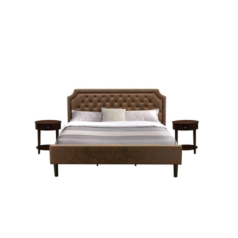 Gb25k-2Hi0m 3-Pc Granbury Bed Set With Mid Century Bed And 2 Antique Mahogany End Tables - Dark Brown Faux Leather And Black Legs
