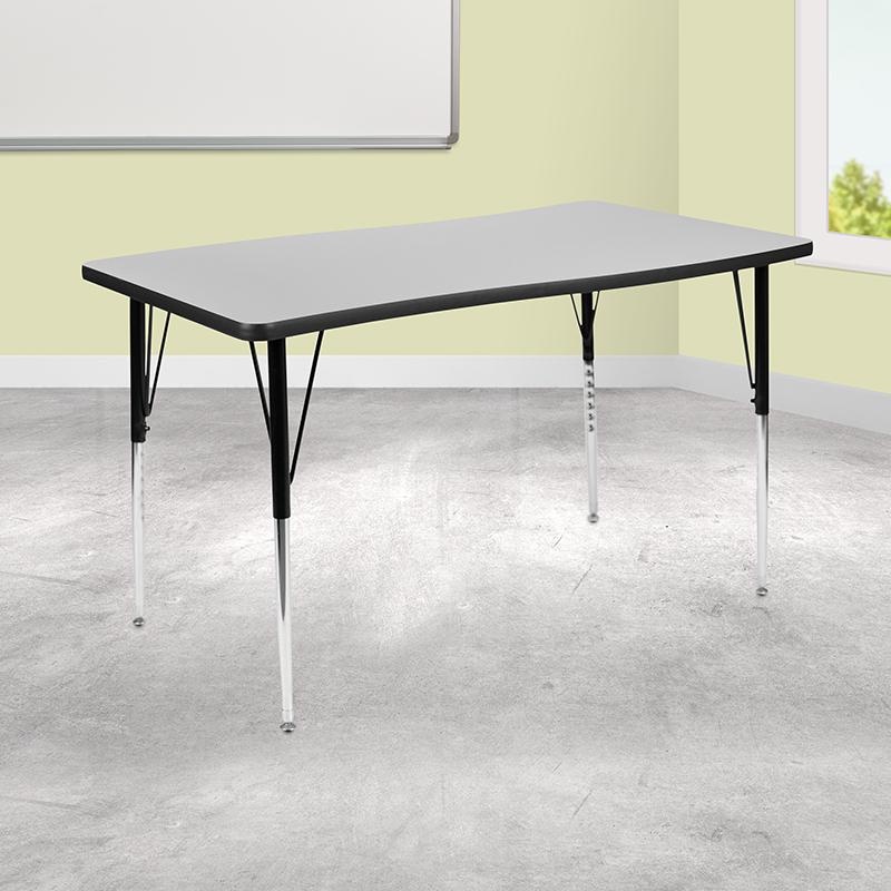 28"W X 47.5"L Rectangular Wave Collaborative Grey Thermal Laminate Activity Table - Standard Height Adjustable Legs