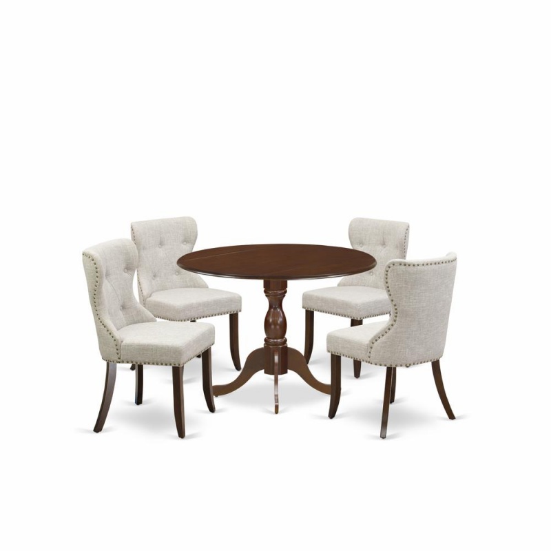 East West Furniture Dmsi5-Mah-35 5 Piece Kitchen Dining Table Set - Mahogany Small Dining Table And 4 Doeskin Linen Fabric Dining Chairs Button Tufted Back With Nail Heads - Mahogany Finish