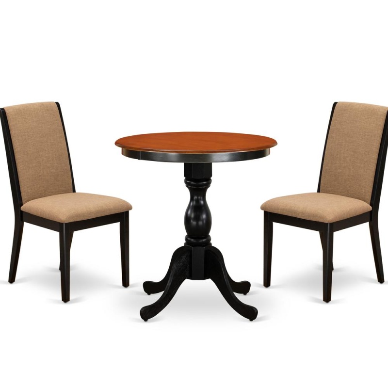 East West Furniture 3-Piece Dinner Table Set Include A Wood Table And 2 Light Sable Linen Fabric Padded Chairs With Stylish High Back - Black Finish