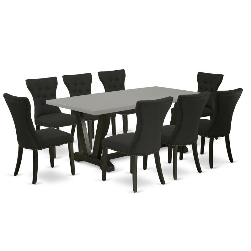 East West Furniture V697ga124-9 9-Pc Kitchen Dining Room Set - 8 Dining Chairs And 1 Modern Cement Dining Room Table Top With Button Tufted Chair Back - Wire Brushed Black Finish