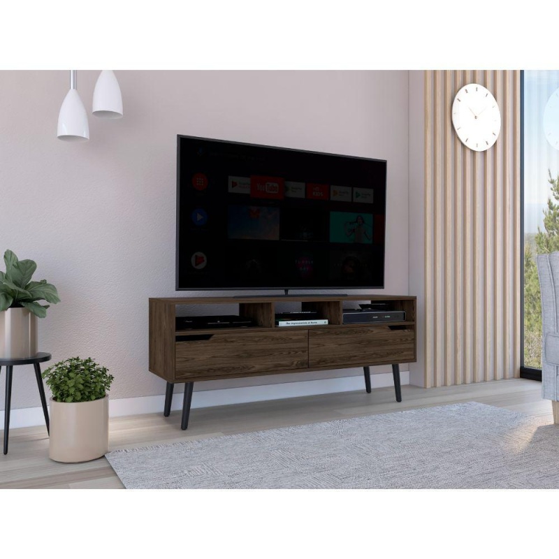 Depot E-Shop Kobe Tv Stand, Countertop, Three Open Shelves, Two Flexible Drawers, Four Legs- Dark Walnut, For Living Room