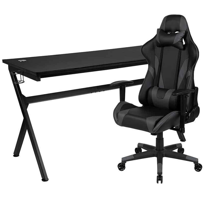 Gaming Desk And Gray/Black Reclining Gaming Chair Set /Cup Holder/Headphone Hook/Removable Mouse Pad Top - Wire Management