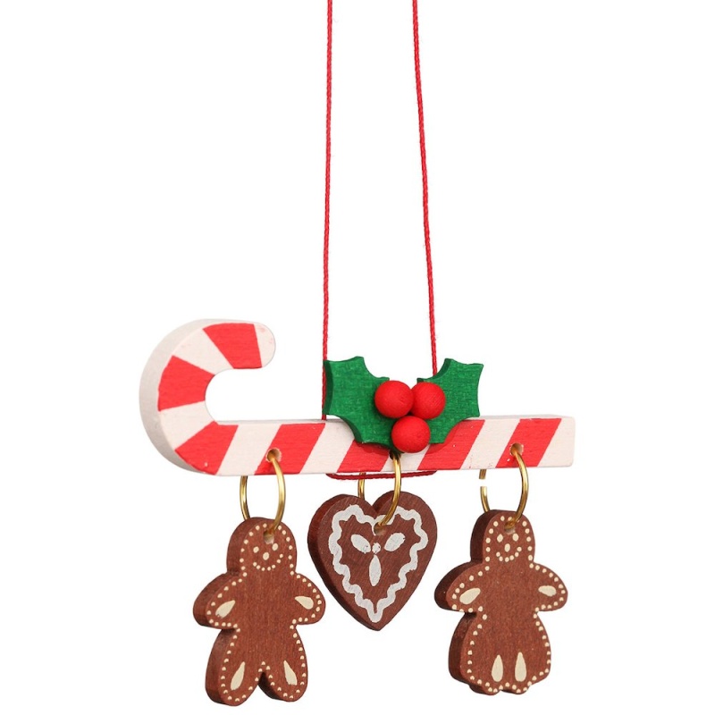 Ornament - Candy Cane With Hanging Gingerbread Cookies