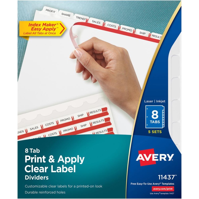Avery® Print & Apply Clear Label Dividers - Index Maker Easy Apply Label Strip - 40 X Divider(S) - 8 Tab(S)/Set - 8.5" Divider Width X 11" Divider Length - Letter - 3 Hole Punched - Clear Paper Di