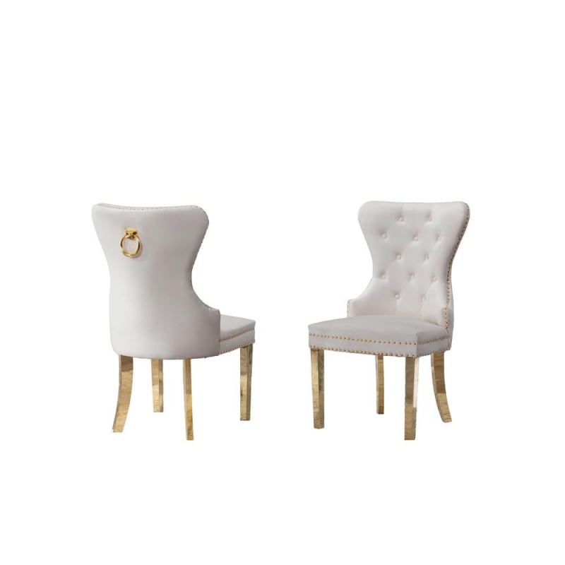 Velvet Tufted Side Chair Set Of 2, Stainless Steel Gold Legs, Beige