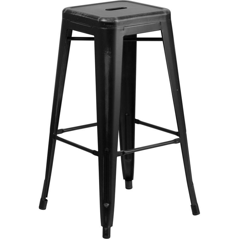 30" High Backless Distressed Black Metal Indoor-Outdoor Barstool