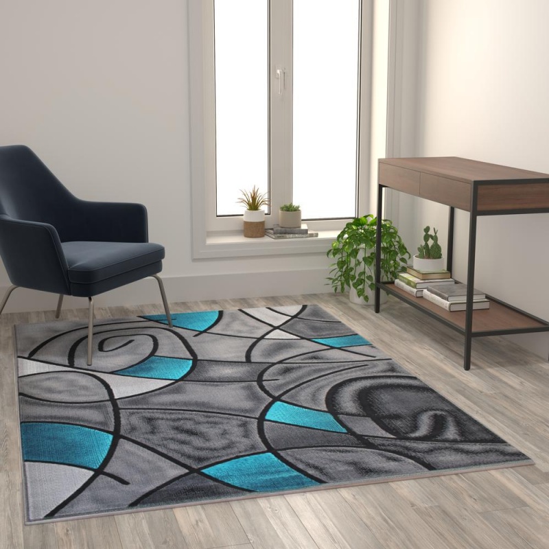 Jubilee Collection 5' X 7' Turquoise Abstract Area Rug - Olefin Rug With Jute Backing - Living Room, Bedroom, & Family Room