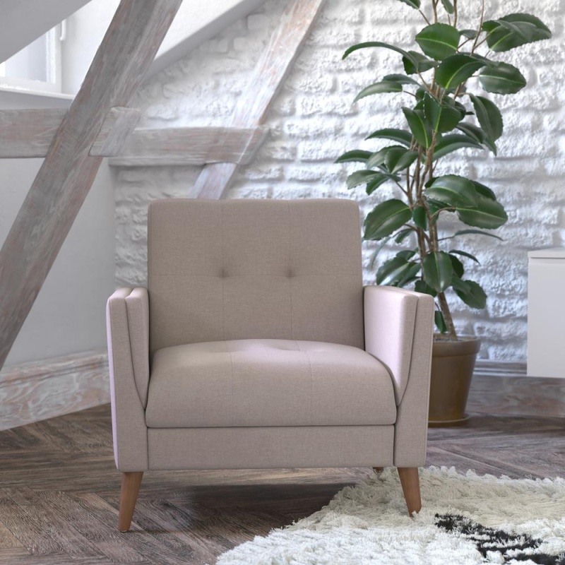 Conrad Mid-Century Modern Commercial Grade Armchair With Tufted Faux Linen Upholstery & Solid Wood Legs In Taupe