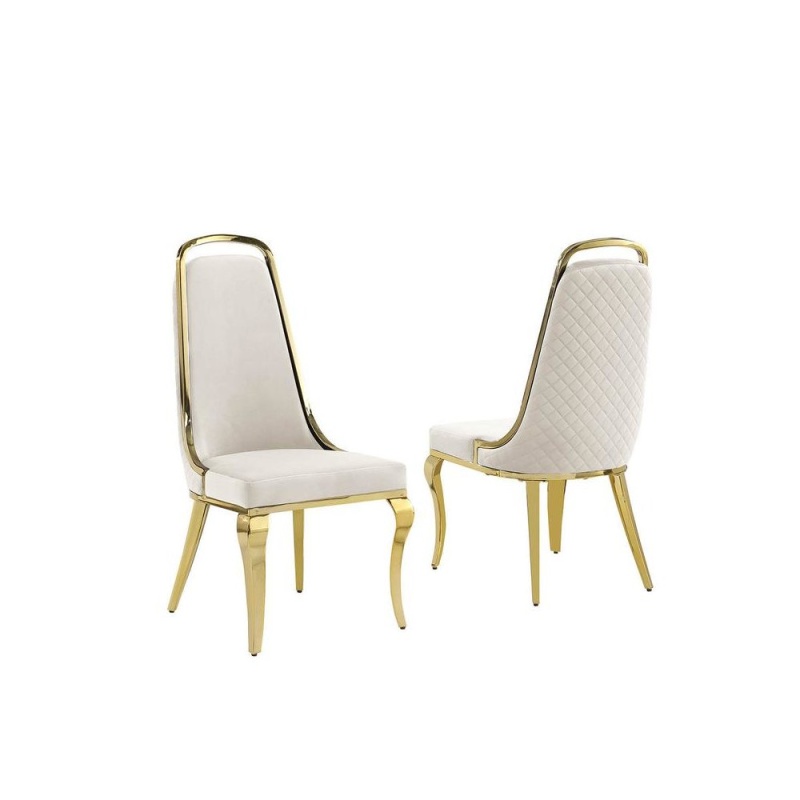 Cream Velvet High Back Chair With Gold Chrome Trim, Set of 2