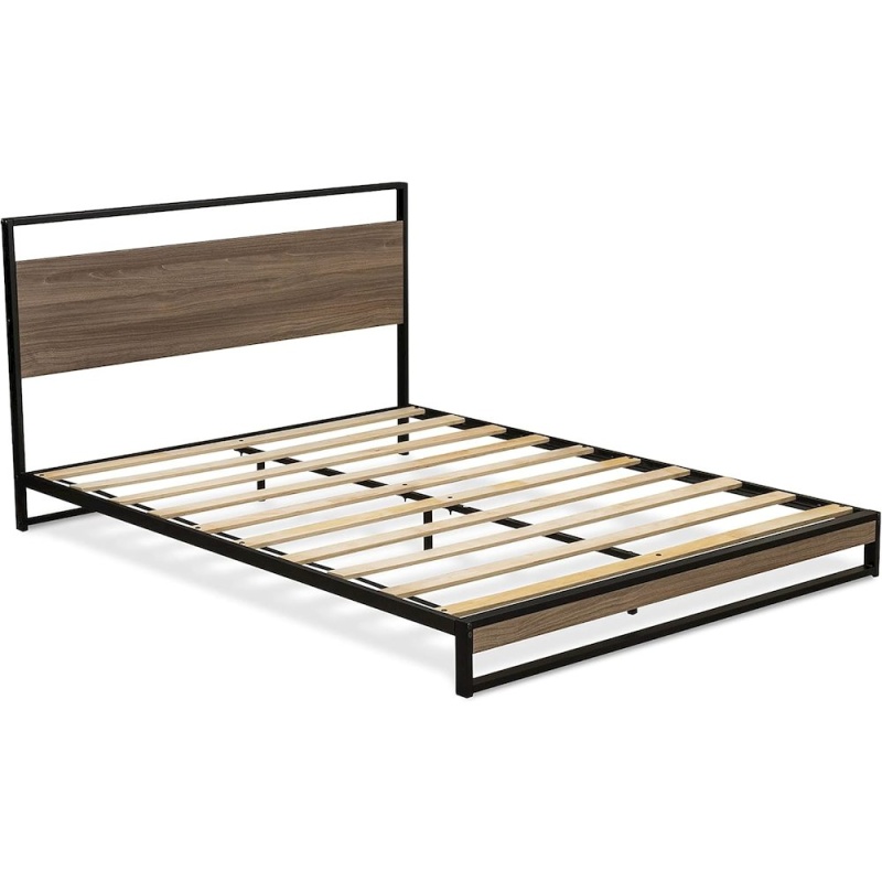 Wilson Queen Frame With 3 Supporting Legs - High-Class Bed Frame In Powder Coating Black Color And Weathered Wood Laminate