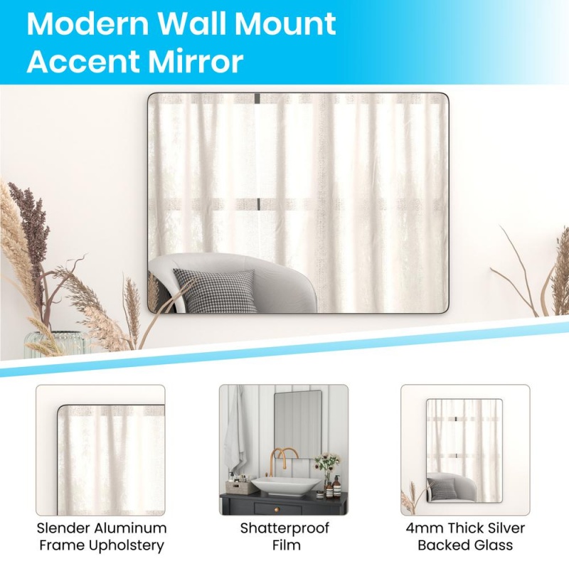 22" X 30" Decorative Wall Mirror - Rounded Corners, Bathroom & Living Room Glass Mirror Hangs Horizontal Or Vertical, Black