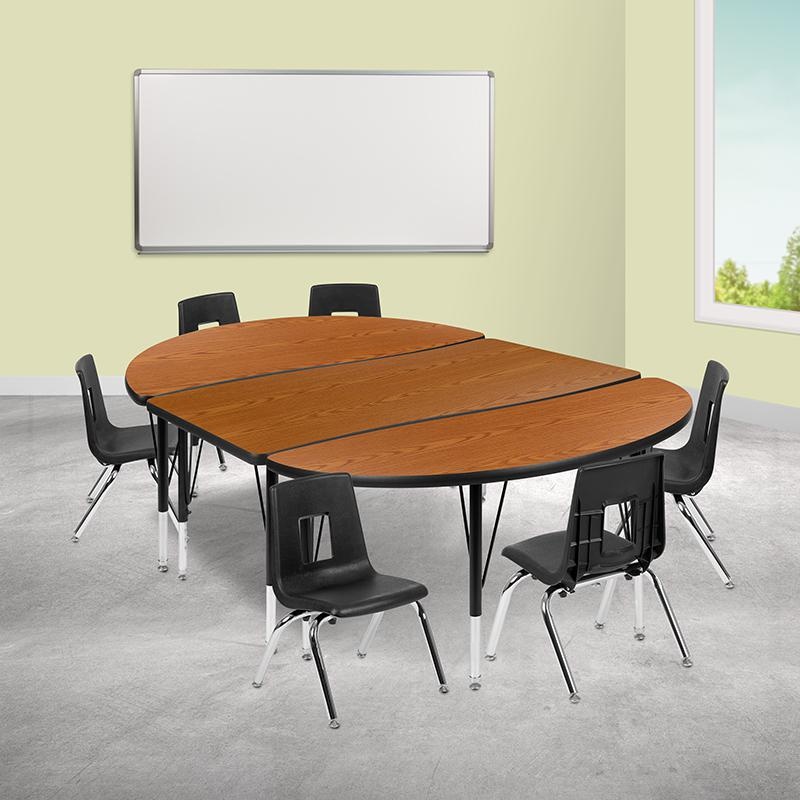 76" Oval Wave Collaborative Laminate Activity Table Set With 14" Student Stack Chairs, Oak/Black