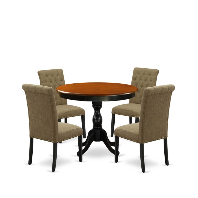 East West Furniture 5-Piece Dinning Table Set Includes A Dinning Table And 4 Light Sable Linen Fabric Modern Dining Chairs With Button Tufted Back - Black Finish