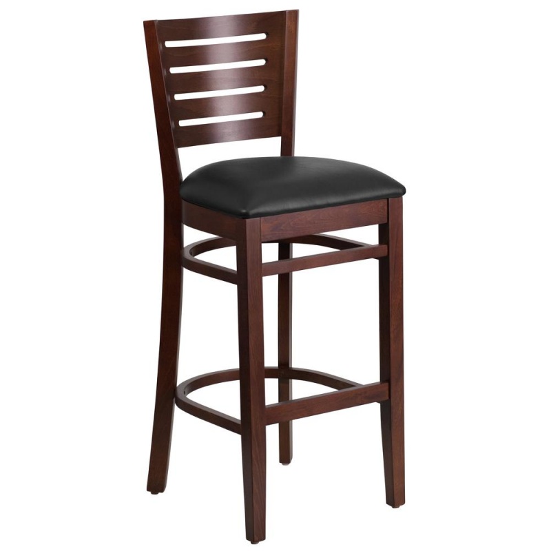 Slat Back Walnut Wood Restaurant Barstool with Black Vinyl Seat