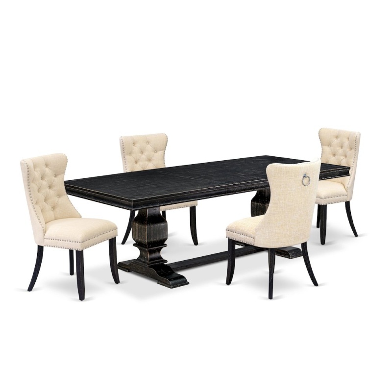 5 Piece Wooden Dining Table and 4 Linen Dining Chairs Set