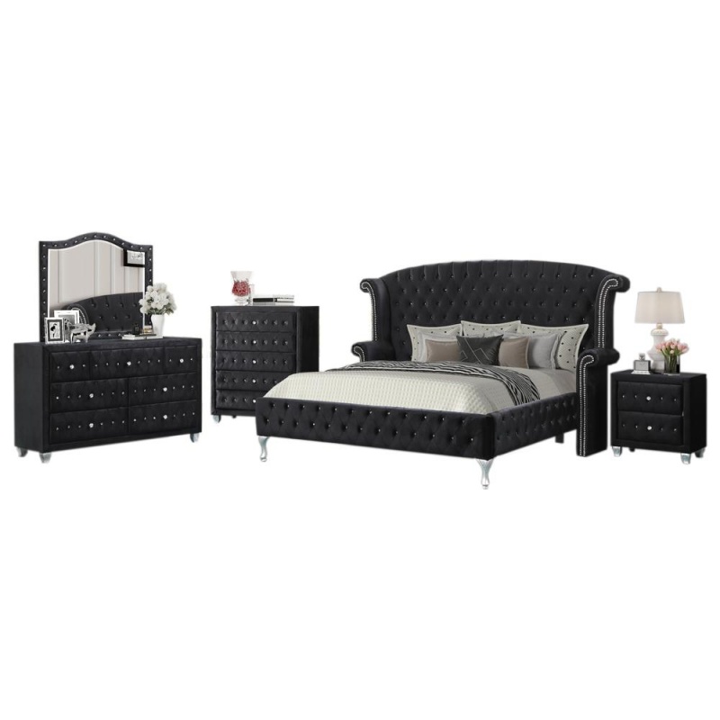 Emma Black Crushed Velvet With Crystal-Like Studs Bed, Queen