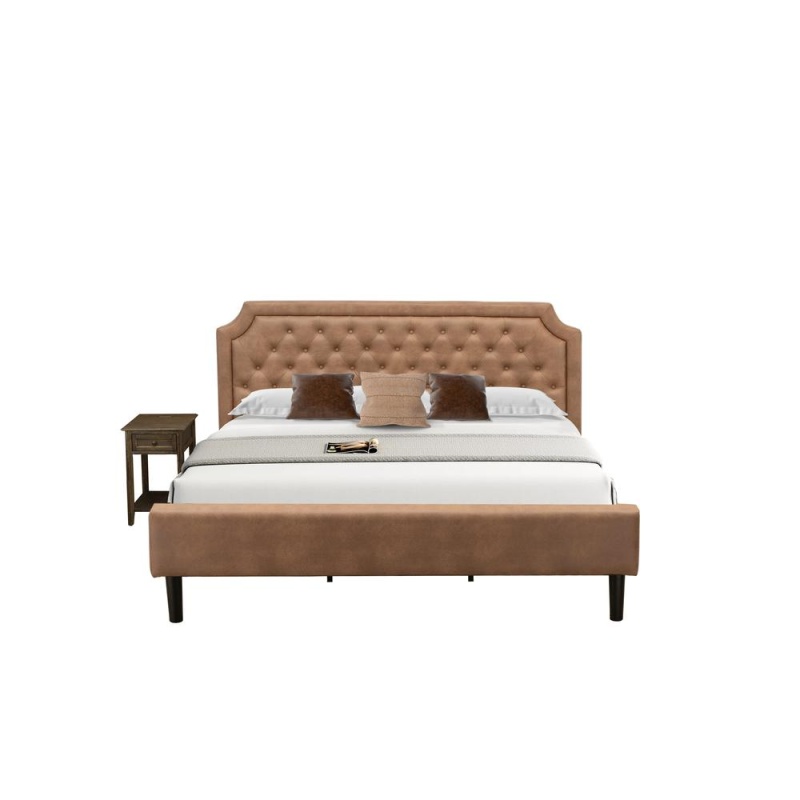 Gb28k-1De07 2-Pc King Size Bedroom Set With Frame And Distressed Jacobean Modern Nightstand - Brown Faux Leather And Black Legs
