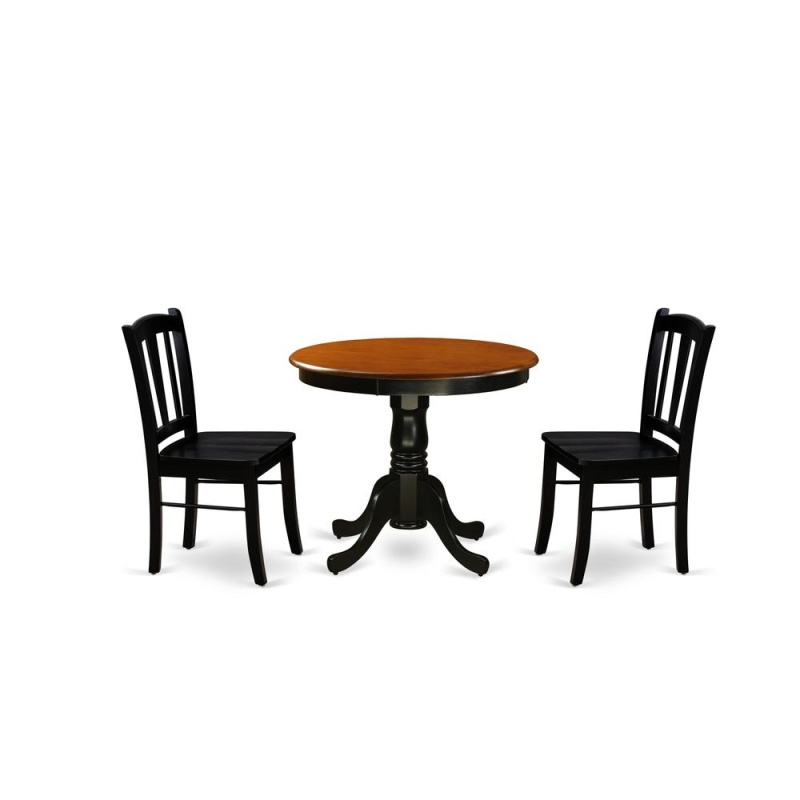 Andl3-Blk-W - 3-Piece Dining Room Set- 2 Dining Chair And Modern Round Dining Table - Wooden Seat And Slatted Chair Back (Black Finish)