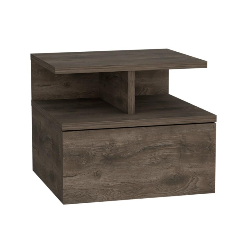 Nightstand, Wall Mounted With Single Drawer And 2-Tier Shelf, Dark Walnut