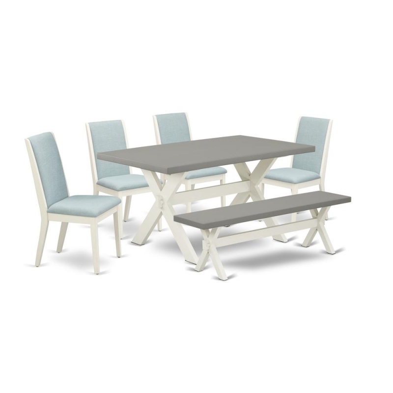 East West Furniture X096la015-6 6Pc Wood Dining Table Set Includes A Dining Room Table, 4 Parson Chairs With Baby Blue Color Linen Fabric And A Bench, Medium Size Table With Full Back Chairs, Wirebrus