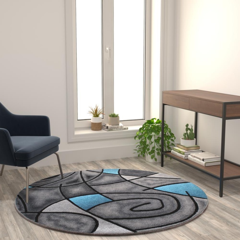 Jubilee Collection 5' X 5' Round Blue Abstract Area Rug - Olefin Rug With Jute Backing - Living Room, Bedroom, Family Room