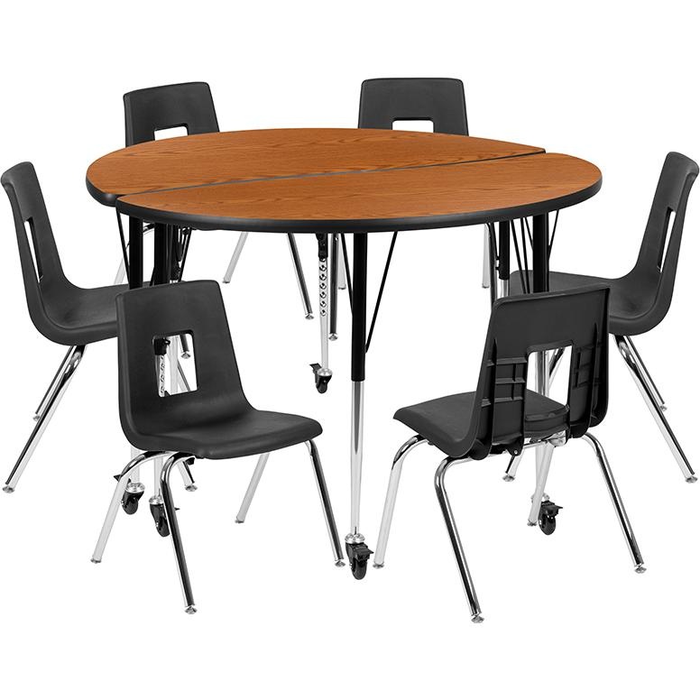 Mobile 47.5" Circle Wave Collaborative Laminate Activity Table Set With 16" Student Stack Chairs, Oak/Black