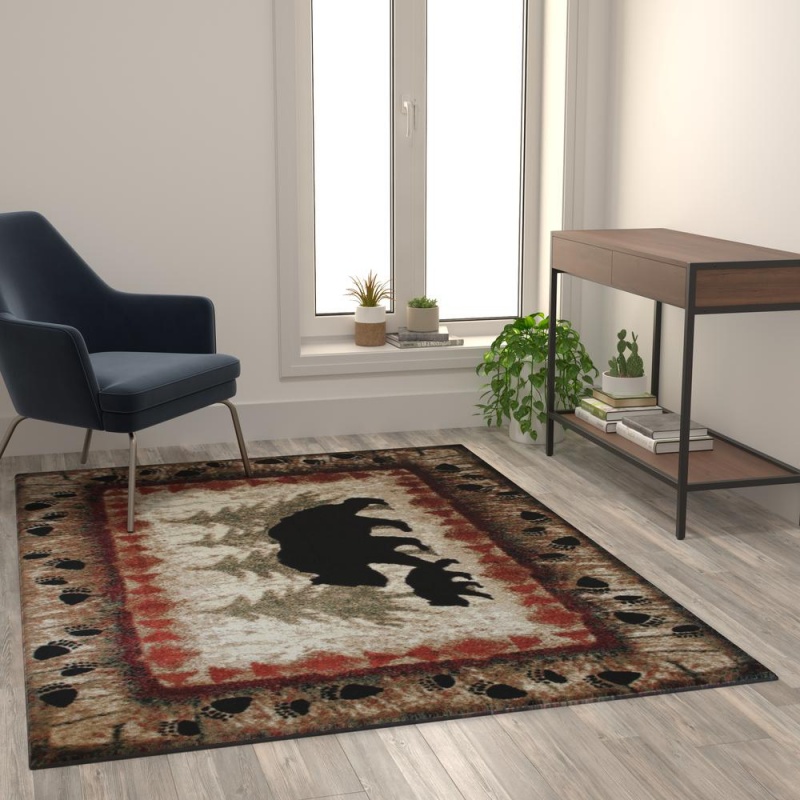 Ursus Collection 5' X 7' Rustic Lodge Wandering Black Bear And Cub Area Rug With Jute Backing