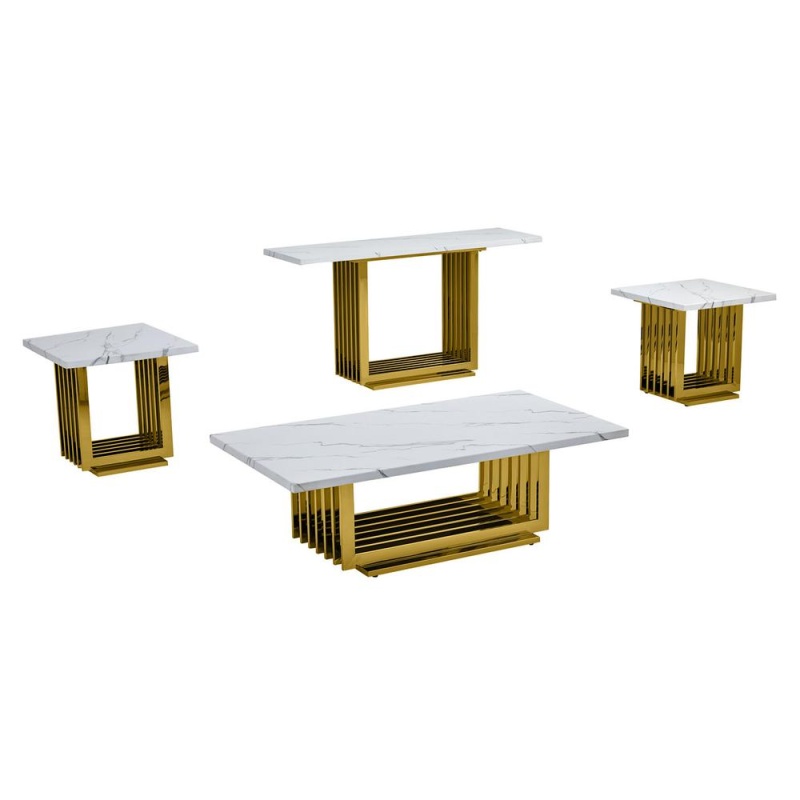 4Pc- White Marble Coffee Table Set (Coffee + 2 End + Console Table)