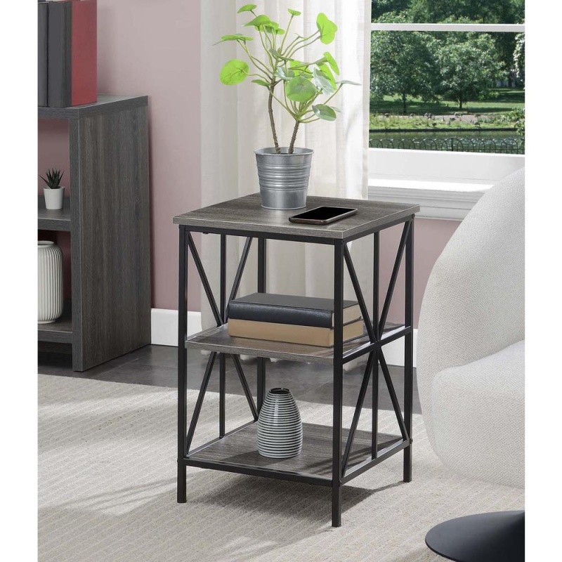 Tucson Starburst End Table With Shelves, Weathered Gray/Black