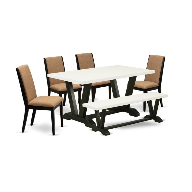 East West Furniture V626la147-6 6-Piece Gorgeous Dining Table Set A Good Light Sable Dining Room Table Top And Light Sable Dining Bench And 4 Wonderful Linen Fabric Padded Chairs With Stylish Chair Ba