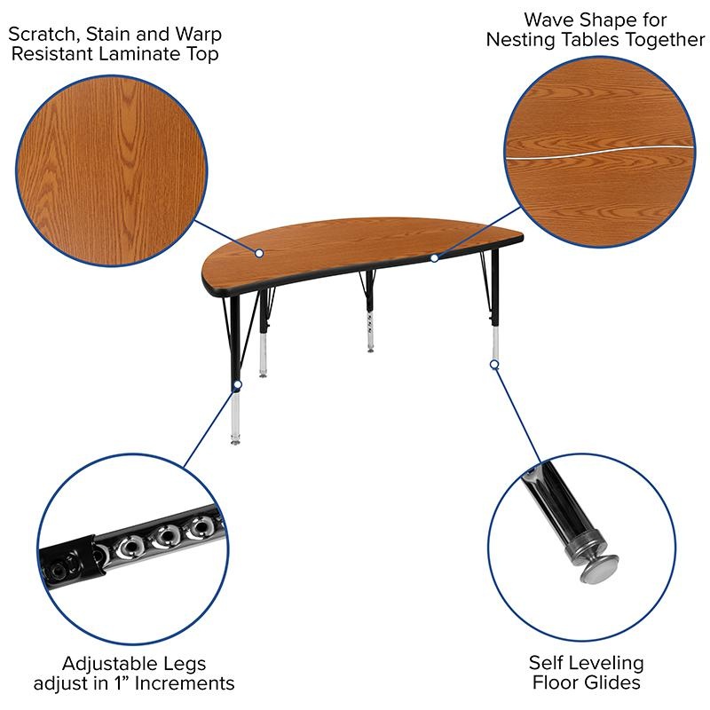 47.5" Half Circle Wave Collaborative Oak Thermal Laminate Activity Table - Height Adjustable Short Legs