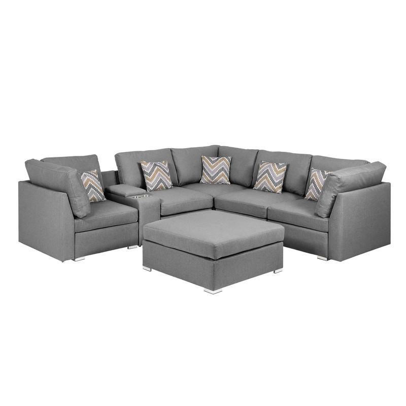 Amira Gray Fabric Reversible Sectional Sofa With Usb Console And Ottoman