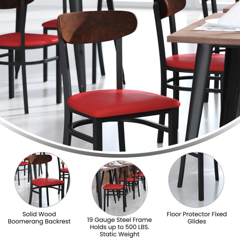 Wright Commercial Dining Chair With 500 Lb. Capacity Black Steel Frame, Walnut Finish Wooden Boomerang Back, And Red Vinyl Seat
