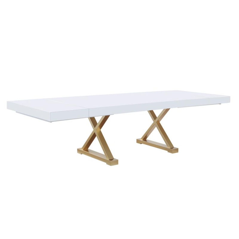 Tyrion Rectangle Extendable Modern White Dining Table In Brushed Gold