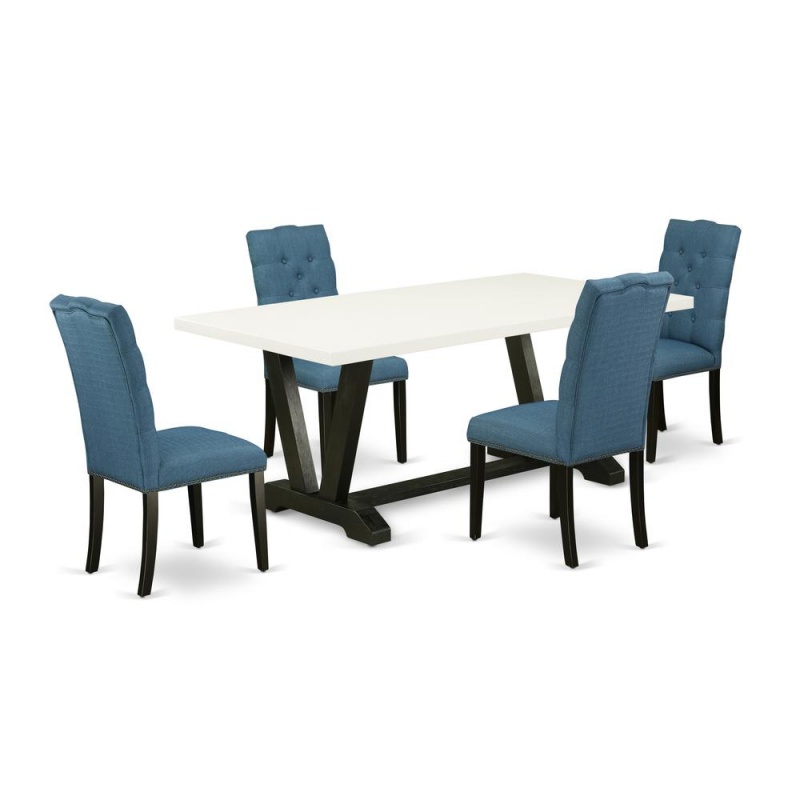 East West Furniture V627el121-5 5-Piece Beautiful A Superb Linen White Kitchen Table Top And 4 Lovely Linen Fabric Padded Parson Chairs With Nail Heads And Button Tufted Chair Back, Wire Brushed Black