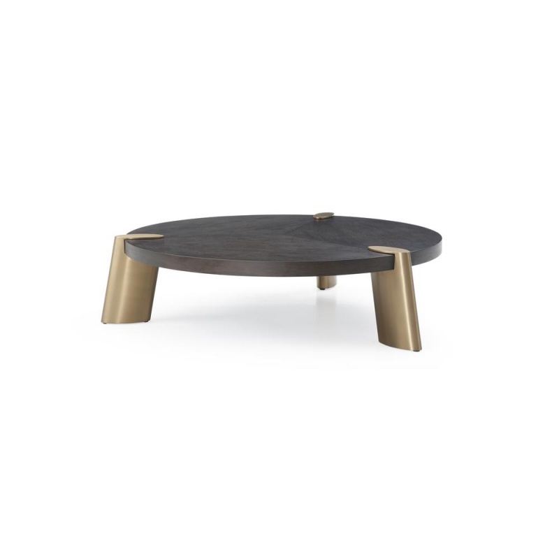 Mimeo Round Coffee Table, Wengee Veneer Top, Brushed Stainless Steel In Brass