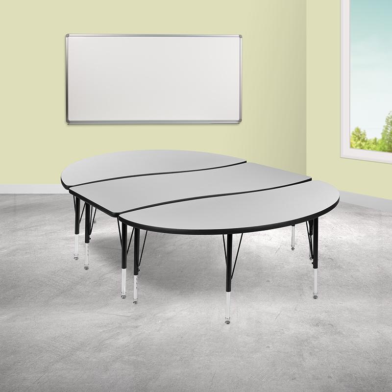 3 Piece 86" Oval Wave Collaborative Grey Thermal Laminate Activity Table Set - Height Adjustable Short Legs