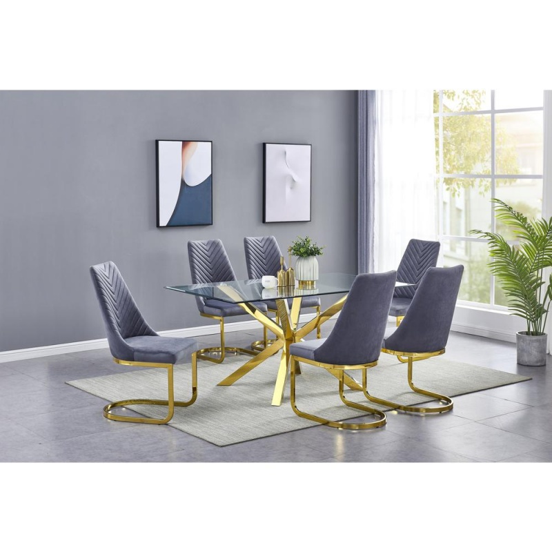 Rectangular Tempered Glass 7Pc Gold Set Chrome Chairs In Dark Grey Velvet